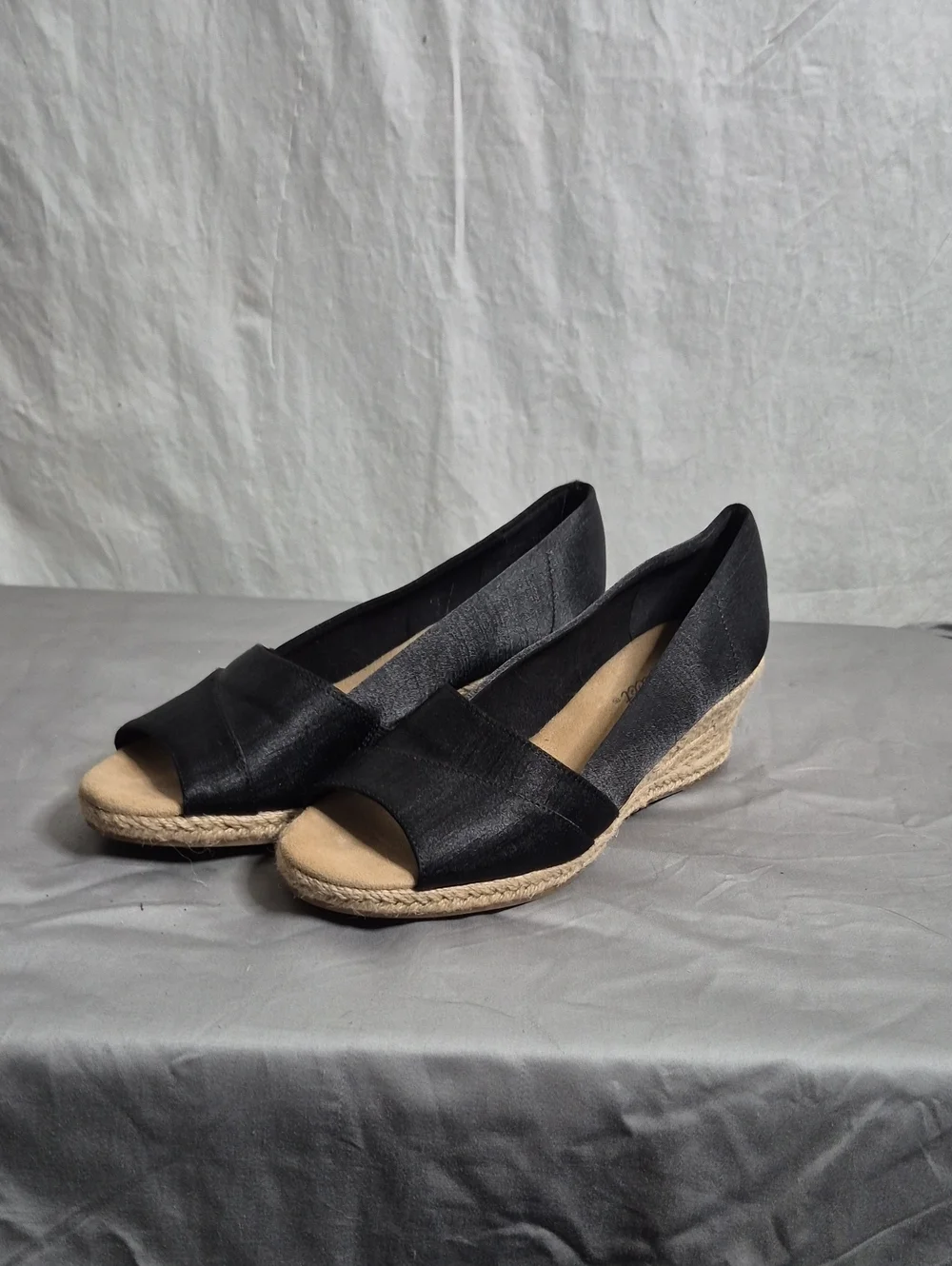 easy street Black Peep-Toe Espadrille Wedges